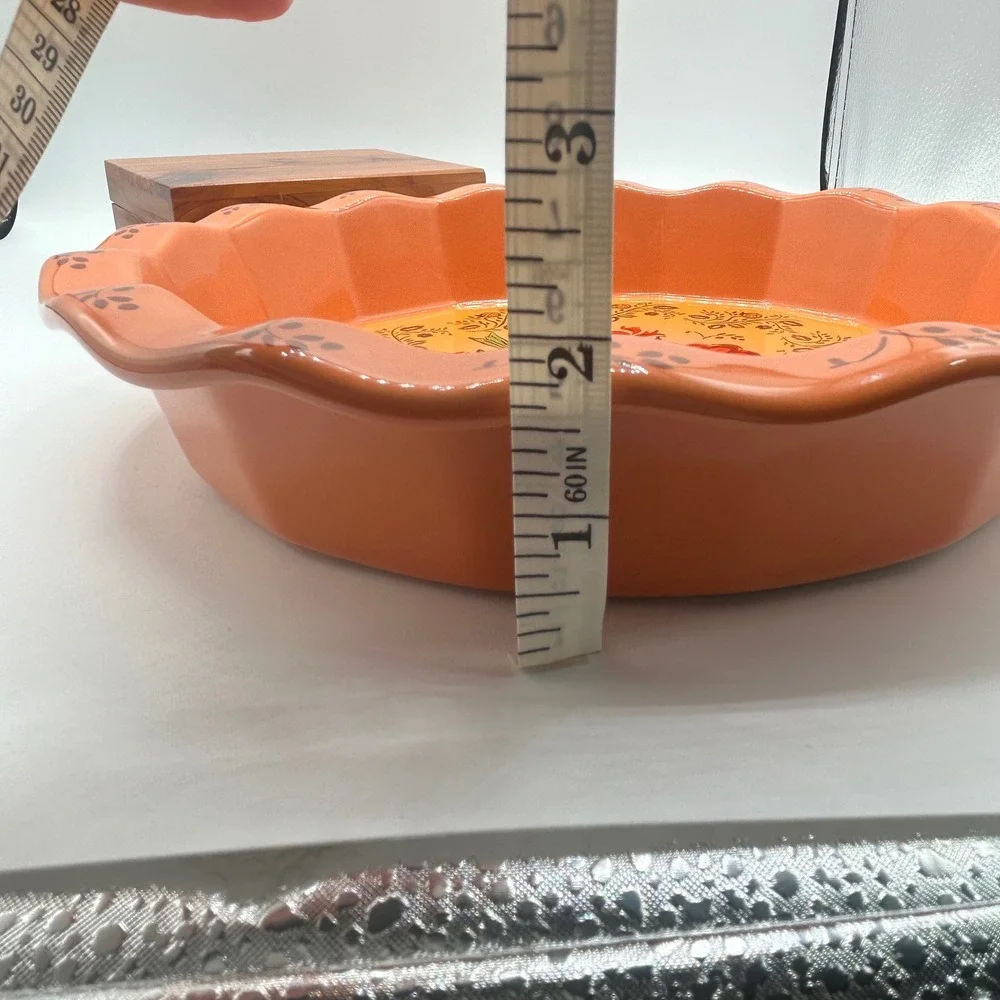 Orange Floral Bird Ceramic Scalloped Pie Plate Posy Dish Folk Art Style 10.5 In.